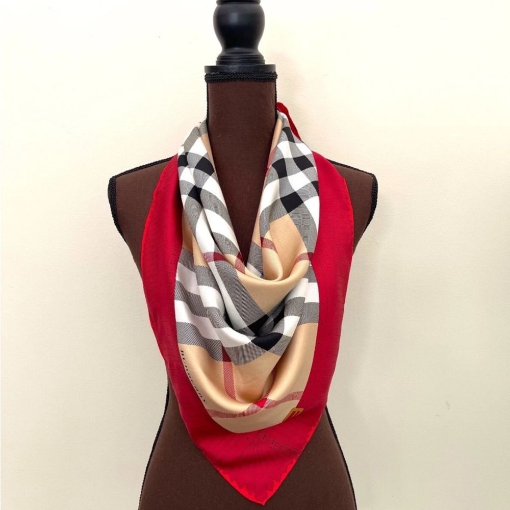 New Burberry Scarf Classic Logo Beige Check Red Border Silk Wrap